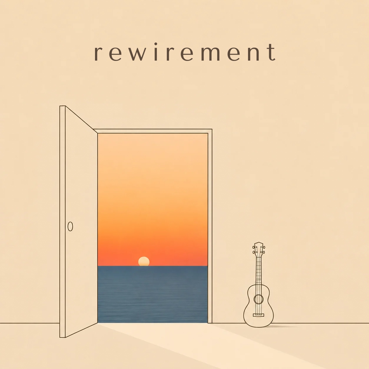 Rewirement artwork: an open door framing a sunset over water, with a ukulele resting nearby